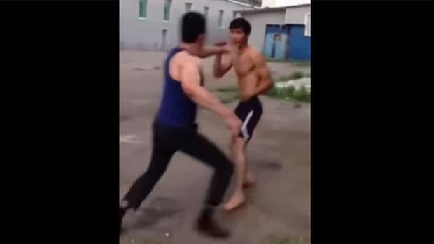 2 skilled martial artists fight on the streets of Uzbekistan