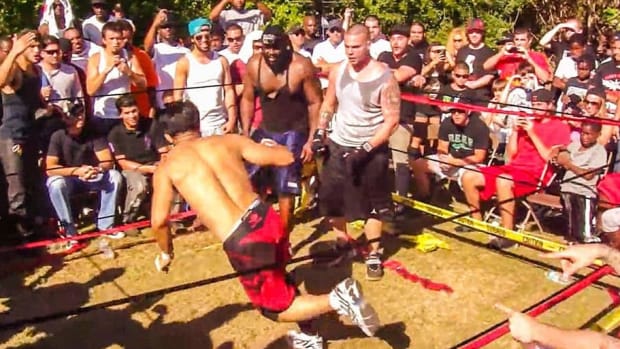 Drunk Muay Thai legend in backyard brawl vs. much larger, HARD-hitting street fighter