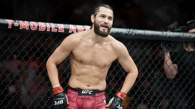 Jul 6, 2019; Las Vegas, NV, USA; Jorge Masvidal (red gloves) before his fight against Ben Askren (blue gloves) at T-Mobile Arena. Jorge Masvidal set a new record for the fastest knockout in UFC history with five seconds. Mandatory Credit: Stephen R. Sylvanie-USA TODAY Sports