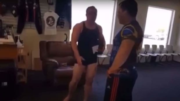 Bodybuilder walks into Jiu-Jitsu school - punches and then challenges black belt instructor - gets VICIOUS old school beat down