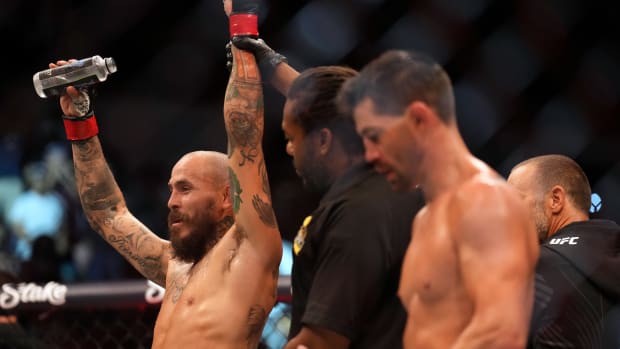 Marlon Vera celebrates after defeating Dominick Cruz during UFC Fight Night at Pechanga Arena.