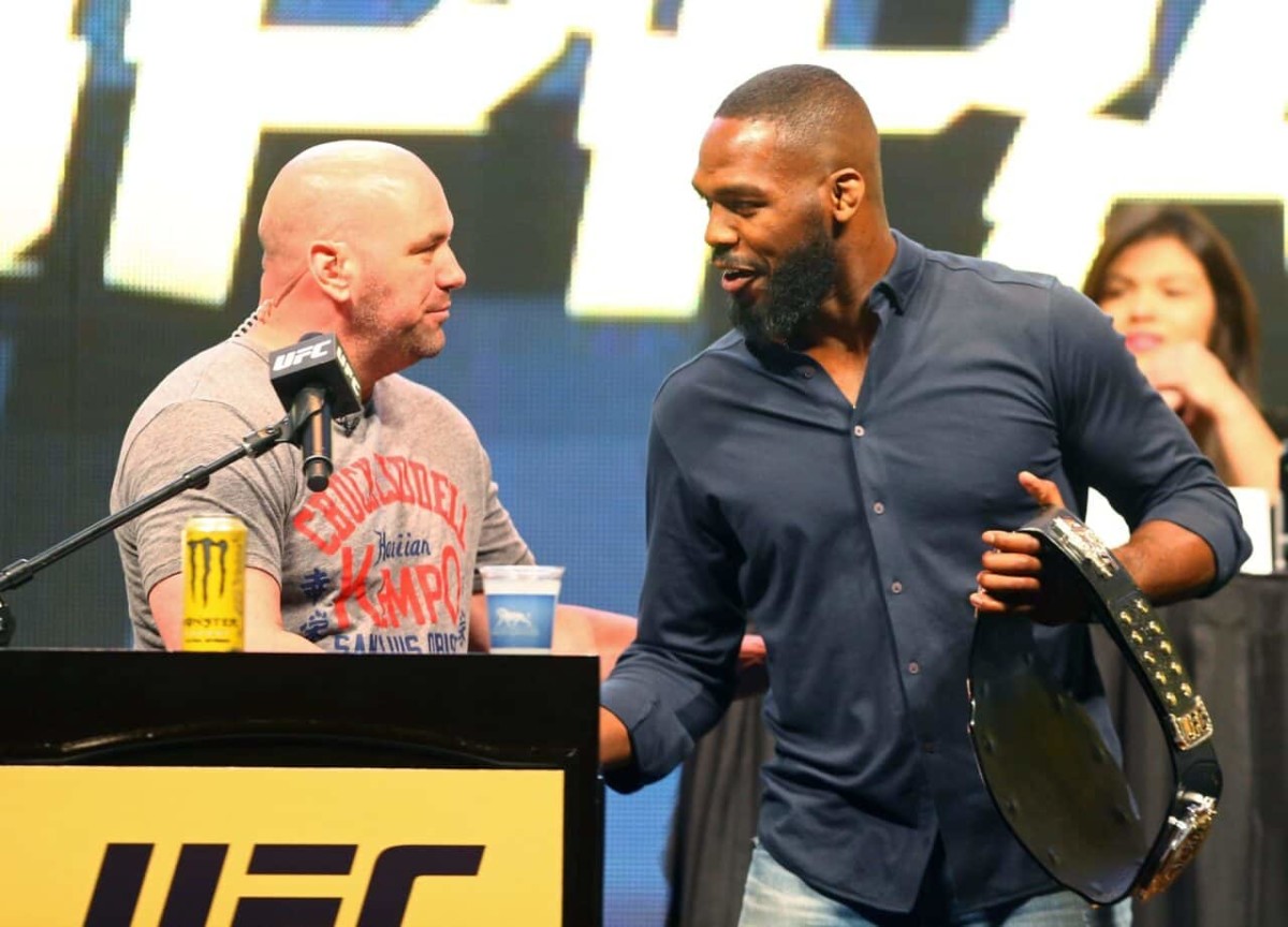 Mar 4, 2016; Las Vegas, NV, USA; UFC president Dana White (left) greets fighter Jon Jones during a press conference prior to weigh-ins for UFC 196 at MGM Grand Garden Arena. Mandatory Credit: Mark J. Rebilas-USA TODAY Sports