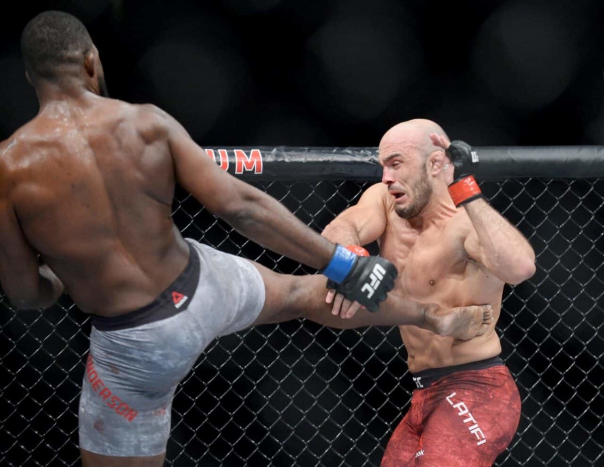 Dec 29, 2018; Los Angeles, CA, USA; Ilir Latifi (red gloves) fights Corey Anderson (blue gloves) during UFC 232 at The Forum. Mandatory Credit: Gary A. Vasquez-USA TODAY Sports